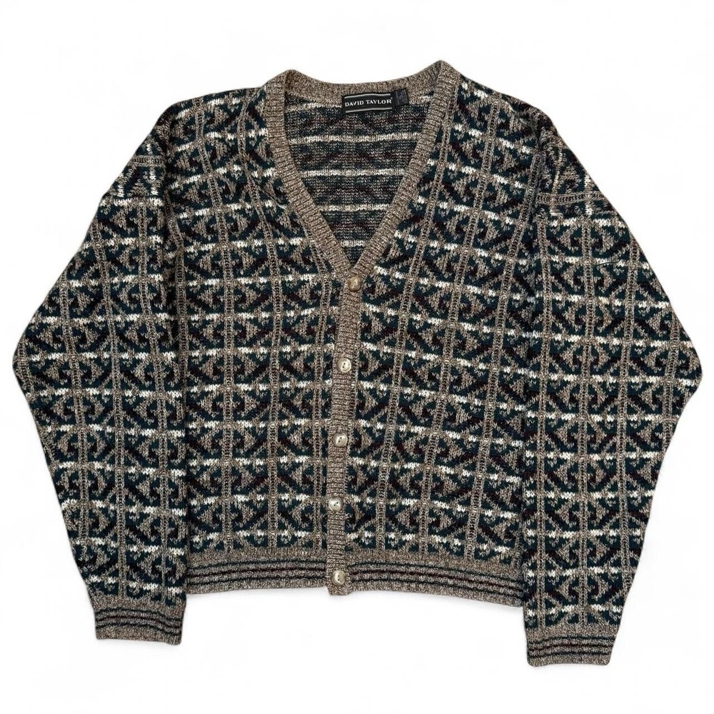 Vintage David Taylor Geometric Knit Cardigan Men's XL Grandpa Old Money Academia